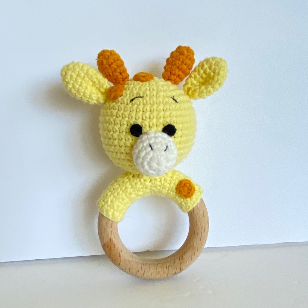 Giraffe Crochet Baby Rattle Soft Wood Cute Animal Yellow Brown